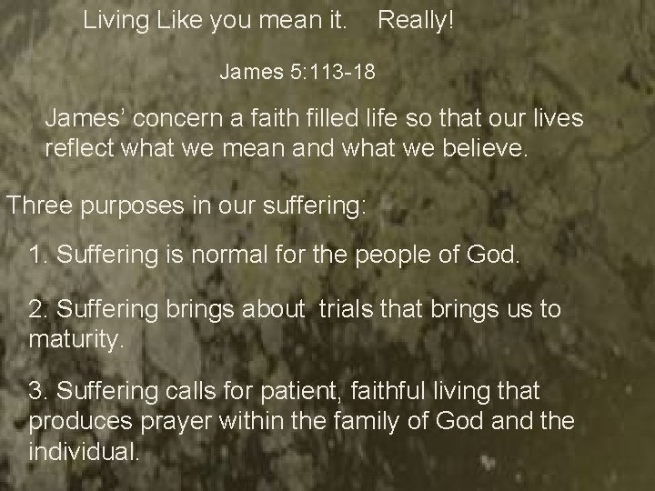 Living Like you mean it. Really! James 5: 113 -18 James’ concern a faith