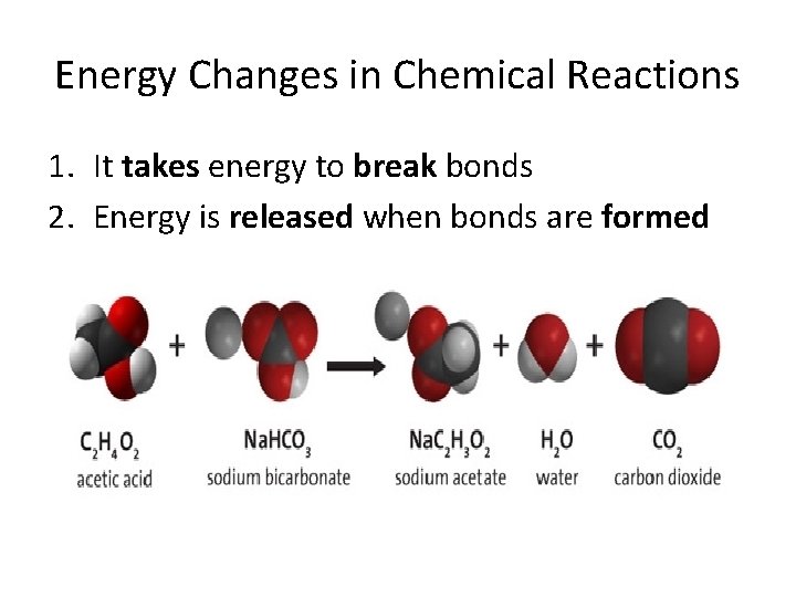 Energy Changes in Chemical Reactions 1. It takes energy to break bonds 2. Energy