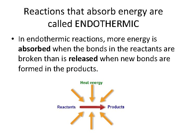 Reactions that absorb energy are called ENDOTHERMIC • In endothermic reactions, more energy is