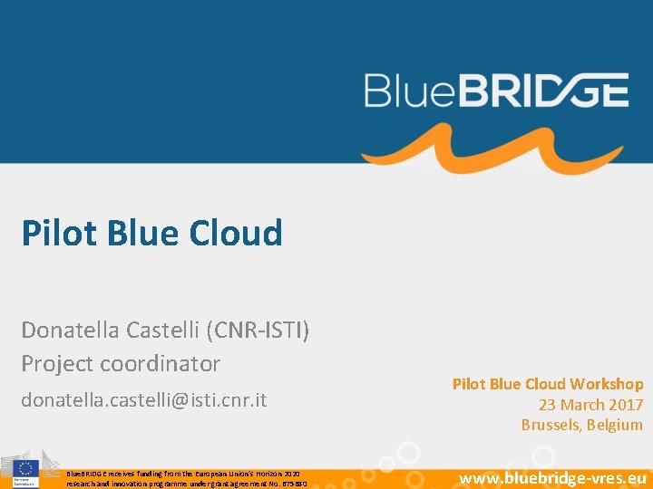 Pilot Blue Cloud Donatella Castelli (CNR-ISTI) Project coordinator donatella. castelli@isti. cnr. it Blue. BRIDGE