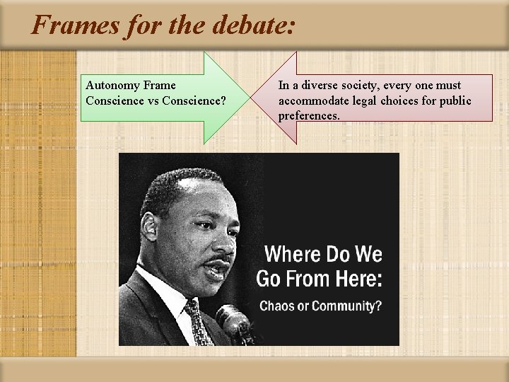 Frames for the debate: Autonomy Frame Conscience vs Conscience? In a diverse society, every