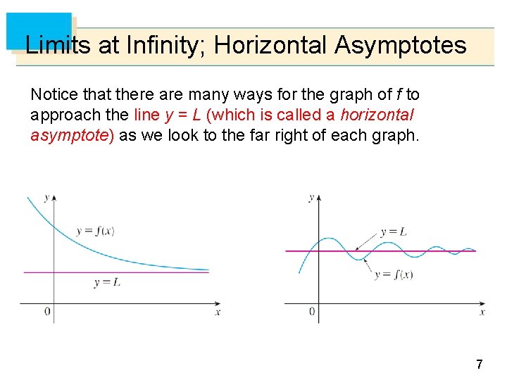Limits at Infinity; Horizontal Asymptotes Notice that there are many ways for the graph