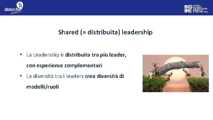 Shared (= distribuita) leadership • La Leadership è distribuita tra più leader, con esperienze