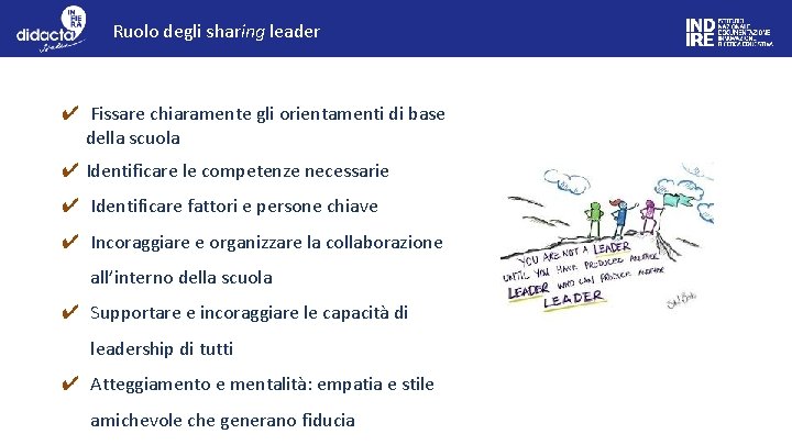 Ruolo degli sharing leader ✔ Fissare chiaramente gli orientamenti di base della scuola ✔