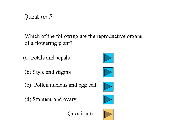 Question 5 Which of the following are the reproductive organs of a flowering plant?