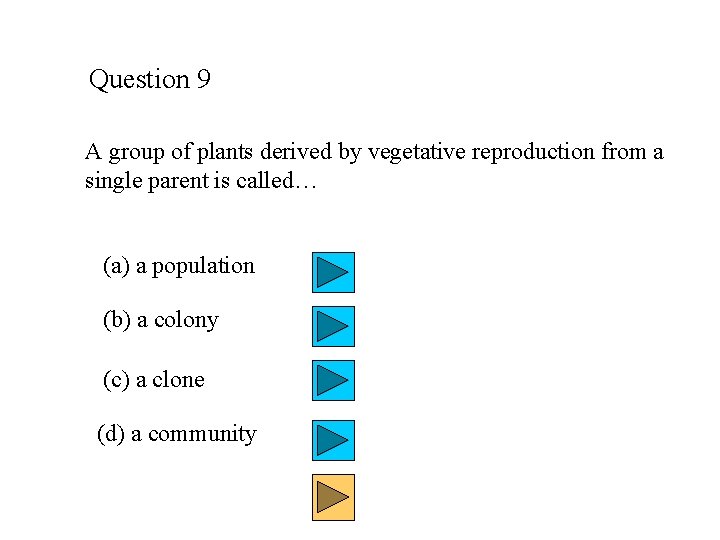 Question 9 A group of plants derived by vegetative reproduction from a single parent