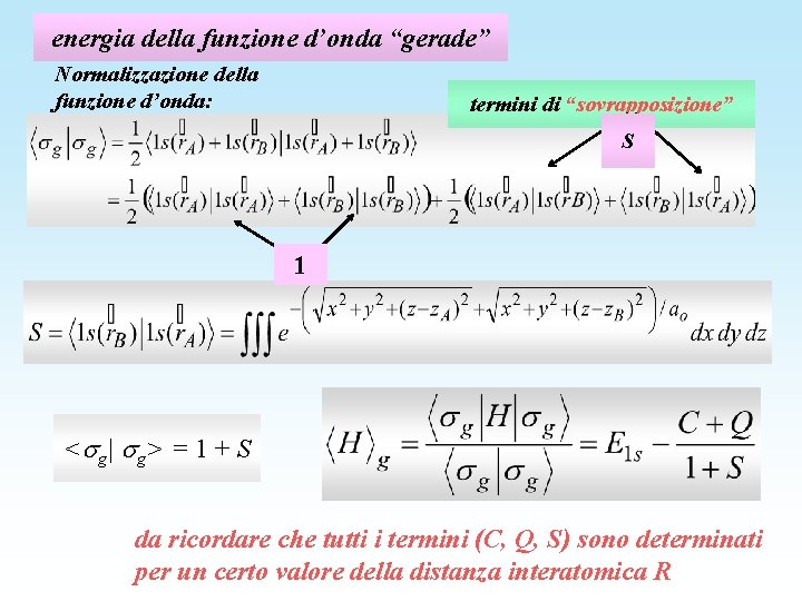 energia della funzione d’onda “gerade” Normalizzazione della funzione d’onda: termini di “sovrapposizione” S 1