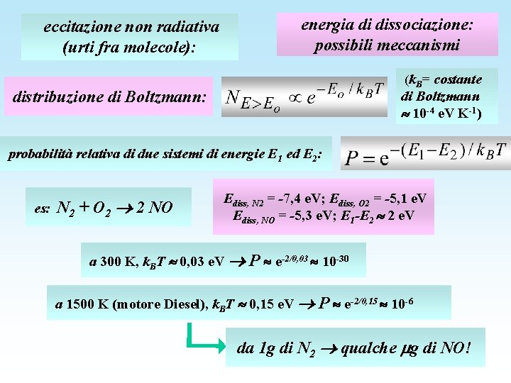 energia di dissociazione: possibili meccanismi eccitazione non radiativa (urti fra molecole): (k. B= costante