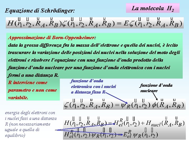 Equazione di Schrödinger: La molecola H 2 Approssimazione di Born-Oppenheimer: data la grossa differenza