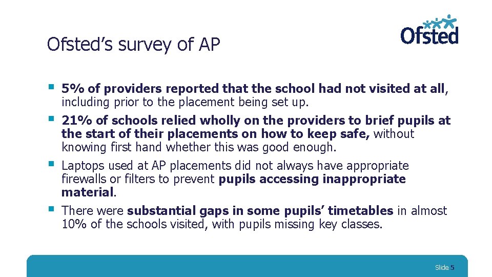 Ofsted’s survey of AP § § 5% of providers reported that the school had