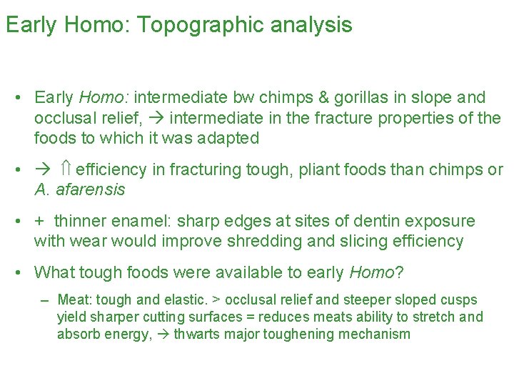 Early Homo: Topographic analysis • Early Homo: intermediate bw chimps & gorillas in slope