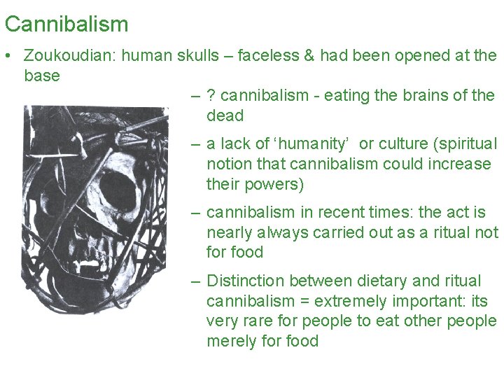 Cannibalism • Zoukoudian: human skulls – faceless & had been opened at the base