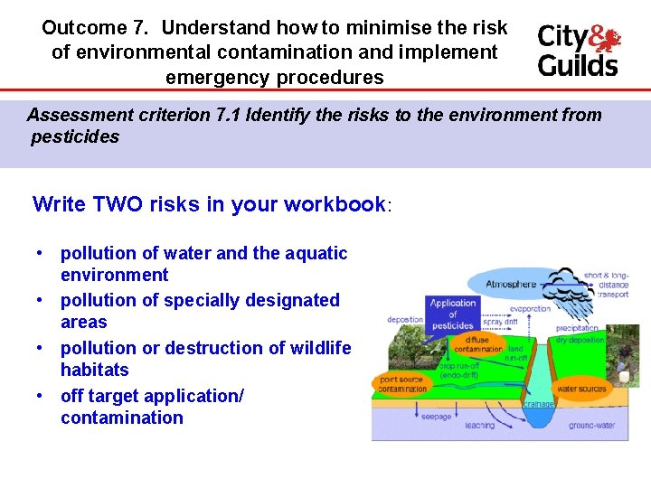 Outcome 7. Understand how to minimise the risk of environmental contamination and implement emergency