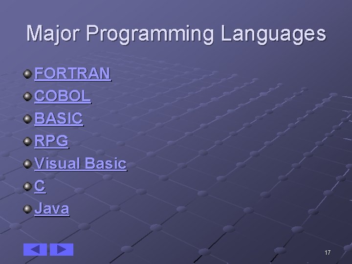 Major Programming Languages FORTRAN COBOL BASIC RPG Visual Basic C Java 17 