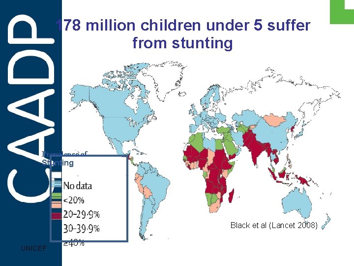 178 million children under 5 suffer from stunting Prevalence of Stunting UNICEF Black et