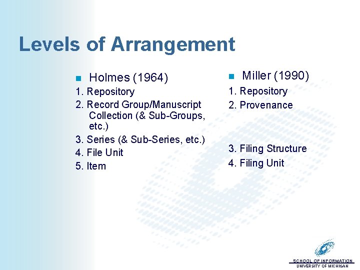 Levels of Arrangement n Holmes (1964) 1. Repository 2. Record Group/Manuscript Collection (& Sub-Groups,