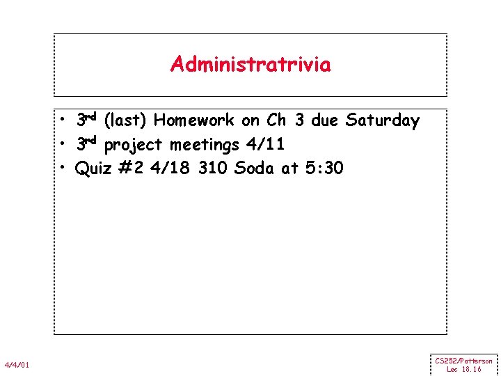 Administratrivia • 3 rd (last) Homework on Ch 3 due Saturday • 3 rd