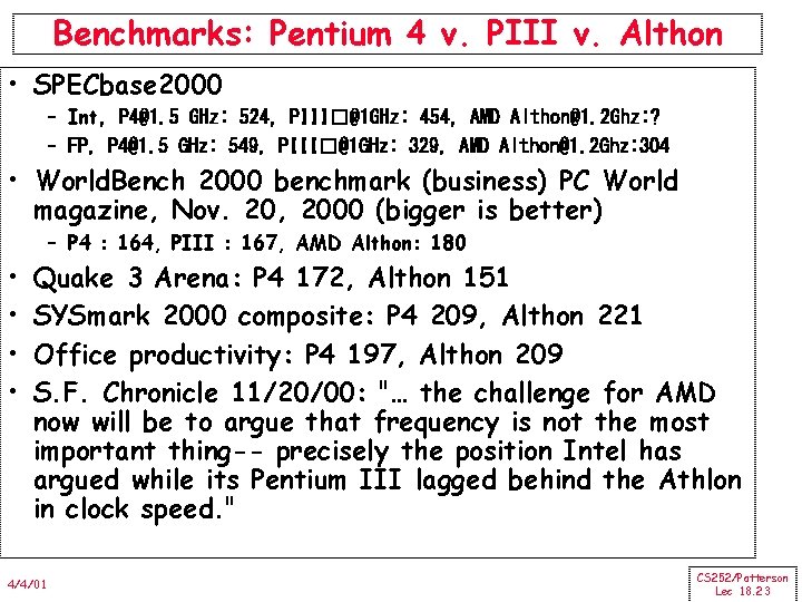 Benchmarks: Pentium 4 v. PIII v. Althon • SPECbase 2000 – Int, P 4@1.