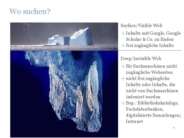 Wo suchen? Surface/Visible Web → Inhalte mit Google, Google Scholar & Co. zu finden