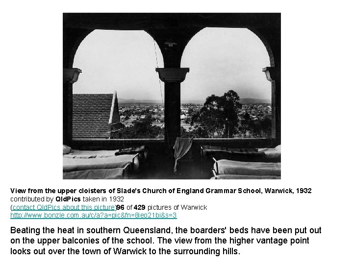 View from the upper cloisters of Slade's Church of England Grammar School, Warwick, 1932