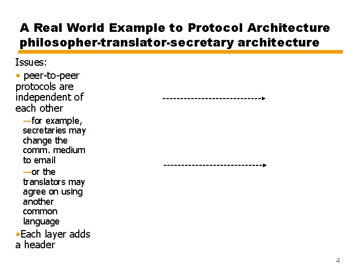 A Real World Example to Protocol Architecture philosopher-translator-secretary architecture Issues: • peer-to-peer protocols are