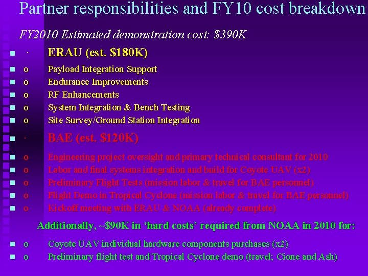 Partner responsibilities and FY 10 cost breakdown FY 2010 Estimated demonstration cost: $390 K