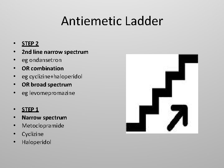 Antiemetic Ladder • • STEP 2 2 nd line narrow spectrum eg ondansetron OR
