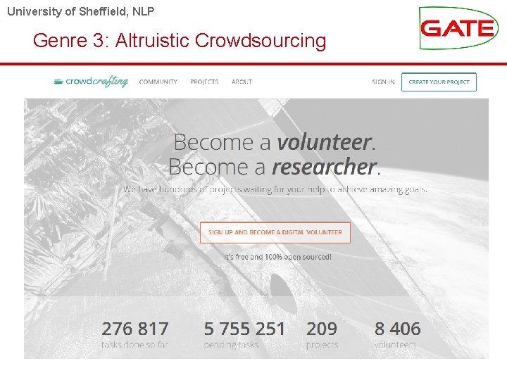 University of Sheffield, NLP Genre 3: Altruistic Crowdsourcing 