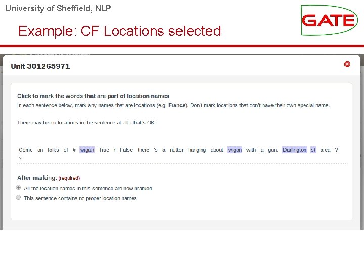 University of Sheffield, NLP Example: CF Locations selected 