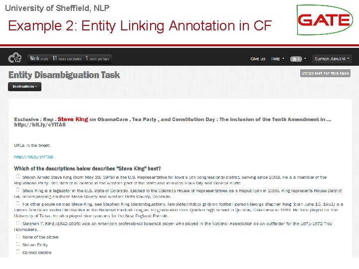 University of Sheffield, NLP Example 2: Entity Linking Annotation in CF 