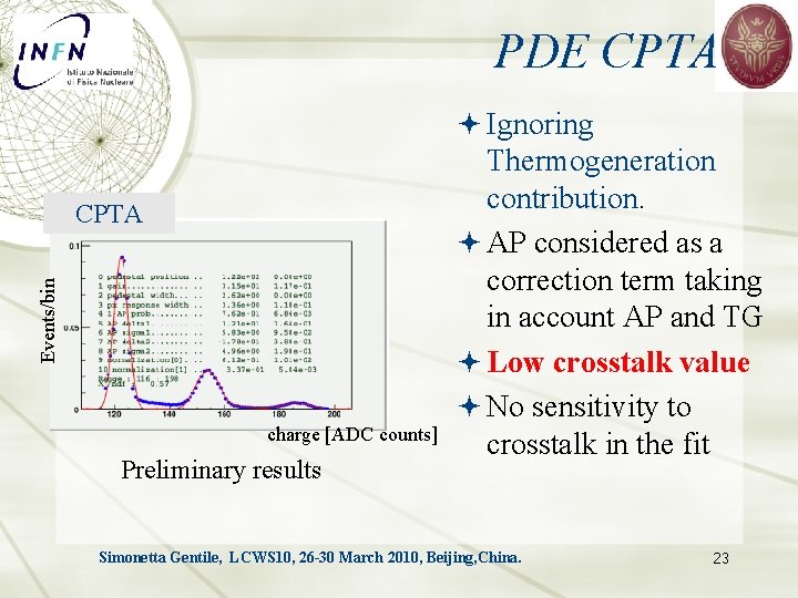 PDE CPTA Ignoring Events/bin CPTA charge [ADC counts] Preliminary results Thermogeneration contribution. AP considered