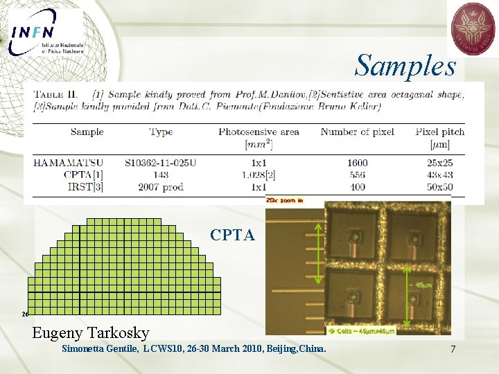 Samples CPTA 26 Eugeny Tarkosky Simonetta Gentile, LCWS 10, 26 -30 March 2010, Beijing,