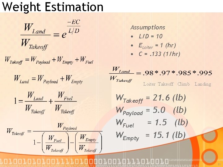 Weight Estimation Assumptions • L/D = 10 • ELoiter = 1 (hr) • C