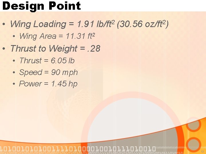 Design Point • Wing Loading = 1. 91 lb/ft 2 (30. 56 oz/ft 2)