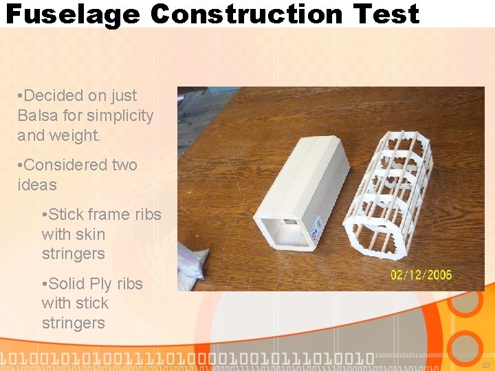 Fuselage Construction Test • Decided on just Balsa for simplicity and weight. • Considered