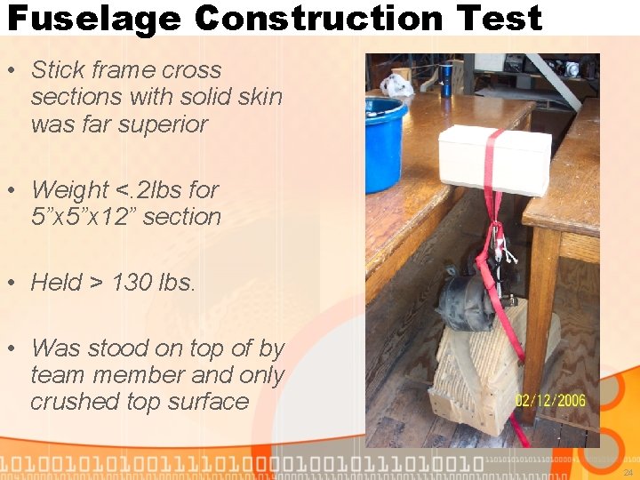 Fuselage Construction Test • Stick frame cross sections with solid skin was far superior