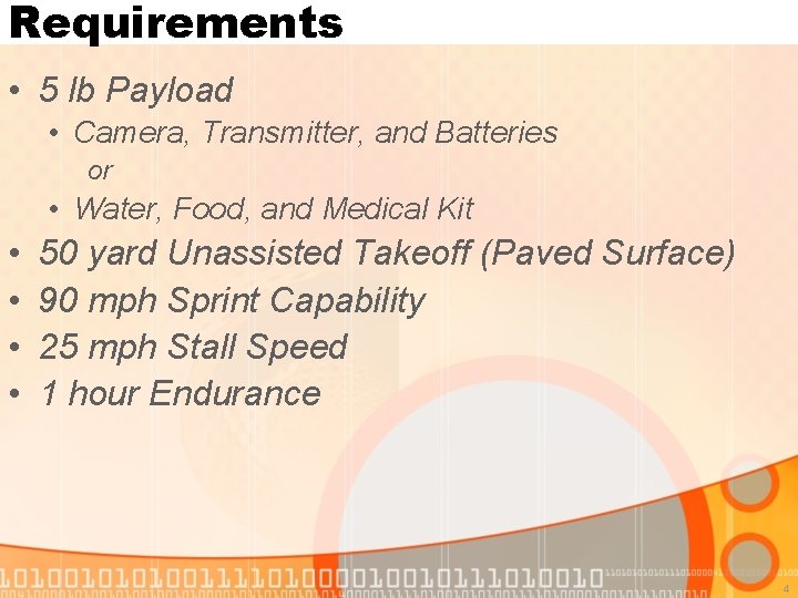 Requirements • 5 lb Payload • Camera, Transmitter, and Batteries or • Water, Food,