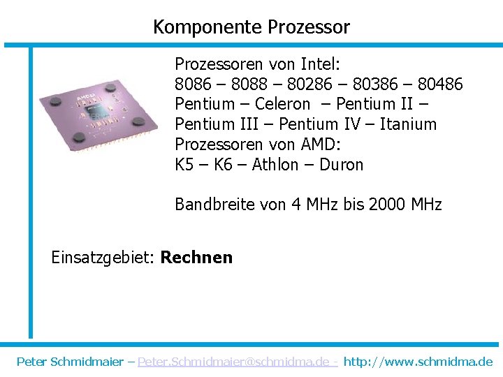 Komponente Prozessoren von Intel: 8086 – 8088 – 80286 – 80386 – 80486 Pentium