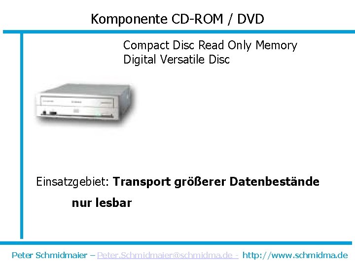 Komponente CD-ROM / DVD Compact Disc Read Only Memory Digital Versatile Disc Einsatzgebiet: Transport