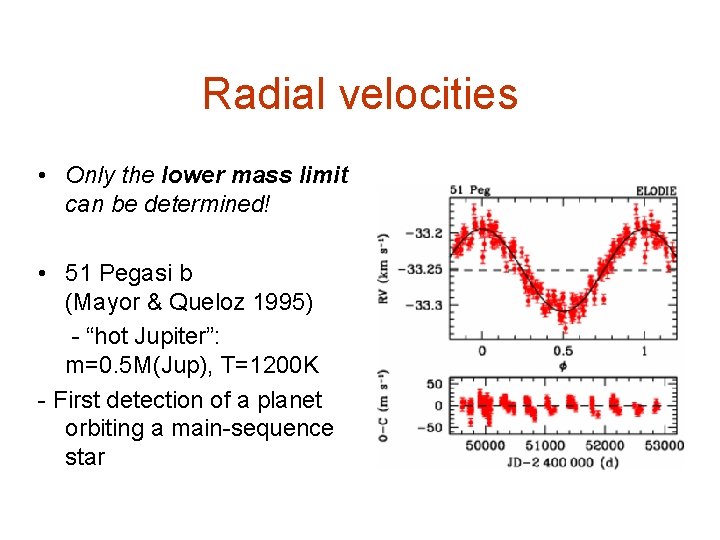 Radial velocities • Only the lower mass limit can be determined! • 51 Pegasi