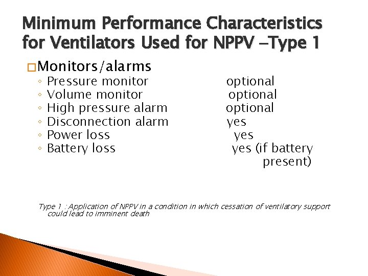 Minimum Performance Characteristics for Ventilators Used for NPPV –Type 1 � Monitors/alarms ◦ ◦