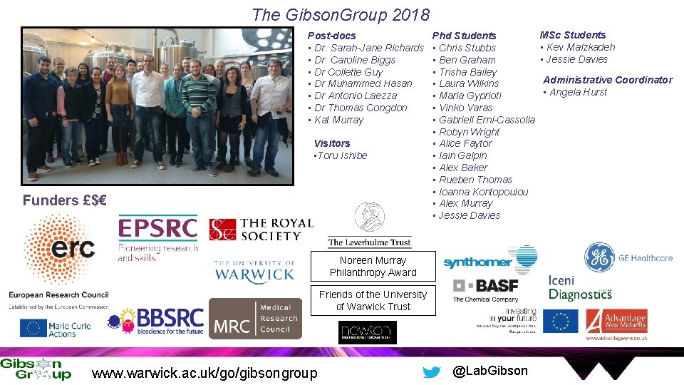 The Gibson. Group 2018 Post-docs • Dr. Sarah-Jane Richards • Dr. Caroline Biggs •