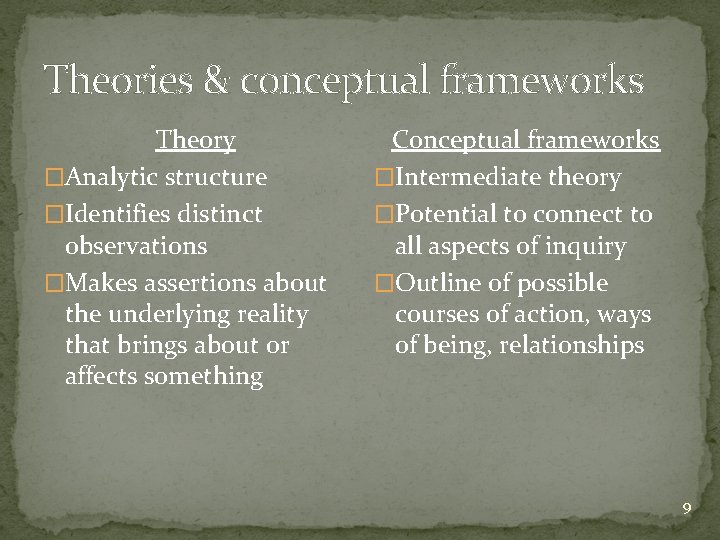 Theories & conceptual frameworks Theory �Analytic structure �Identifies distinct observations �Makes assertions about the