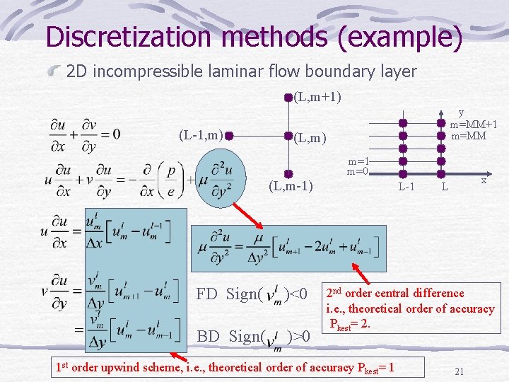 Discretization methods (example) 2 D incompressible laminar flow boundary layer (L, m+1) (L-1, m)