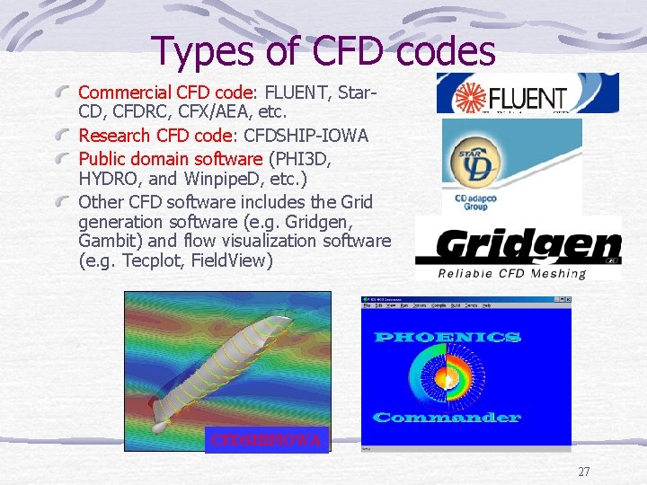 Types of CFD codes Commercial CFD code: FLUENT, Star. CD, CFDRC, CFX/AEA, etc. Research