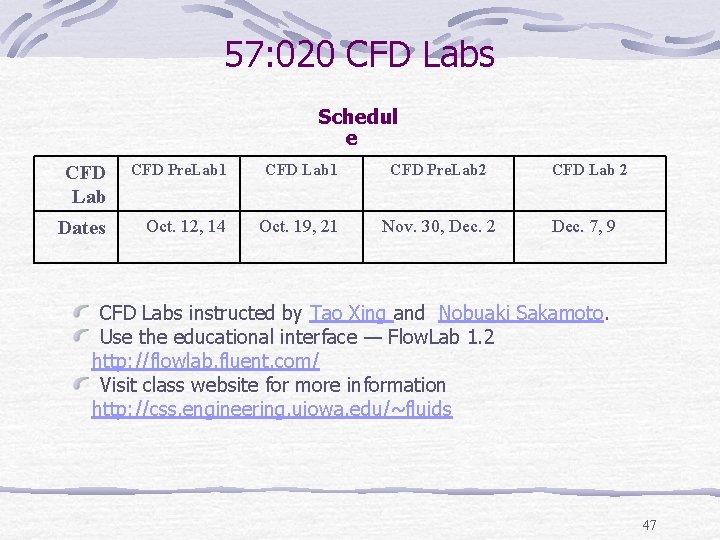 57: 020 CFD Labs Schedul e CFD Lab CFD Pre. Lab 1 CFD Pre.