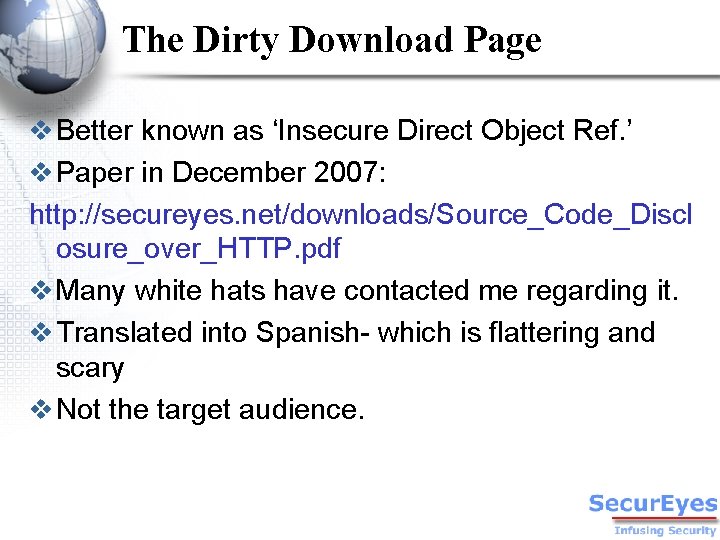 The Dirty Download Page v Better known as ‘Insecure Direct Object Ref. ’ v