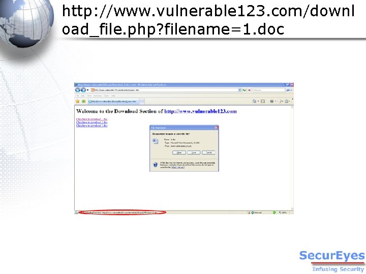 http: //www. vulnerable 123. com/downl oad_file. php? filename=1. doc 