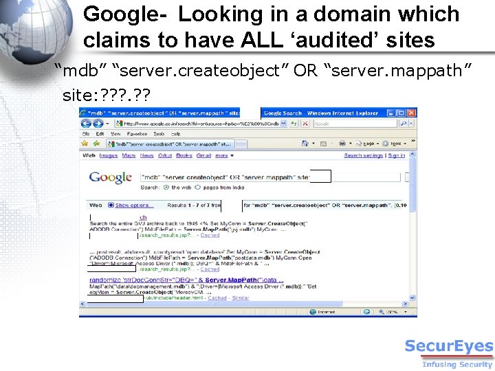 Google- Looking in a domain which claims to have ALL ‘audited’ sites “mdb” “server.