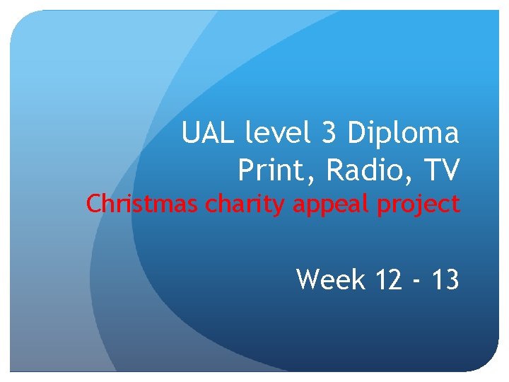 UAL level 3 Diploma Print, Radio, TV Christmas charity appeal project Week 12 -